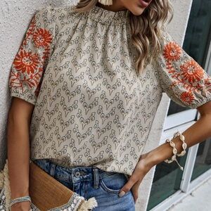 Boho floral embroidered frill neck puff sleeve blouse top small party office